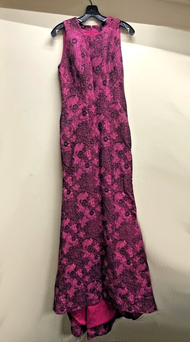 ZAC POSEN LONG DRESS, FLORAL, LUREX FUCHSIA, RICH MAROON SPARKLING SIZE: 6 (1 of 2)