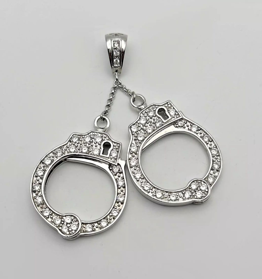 925 SILVER DANGLE STYLE HANDCUFF'S PENDANT WITH CUBIC ZIRCONIA STONES 40 GRAMS (1 of 2)