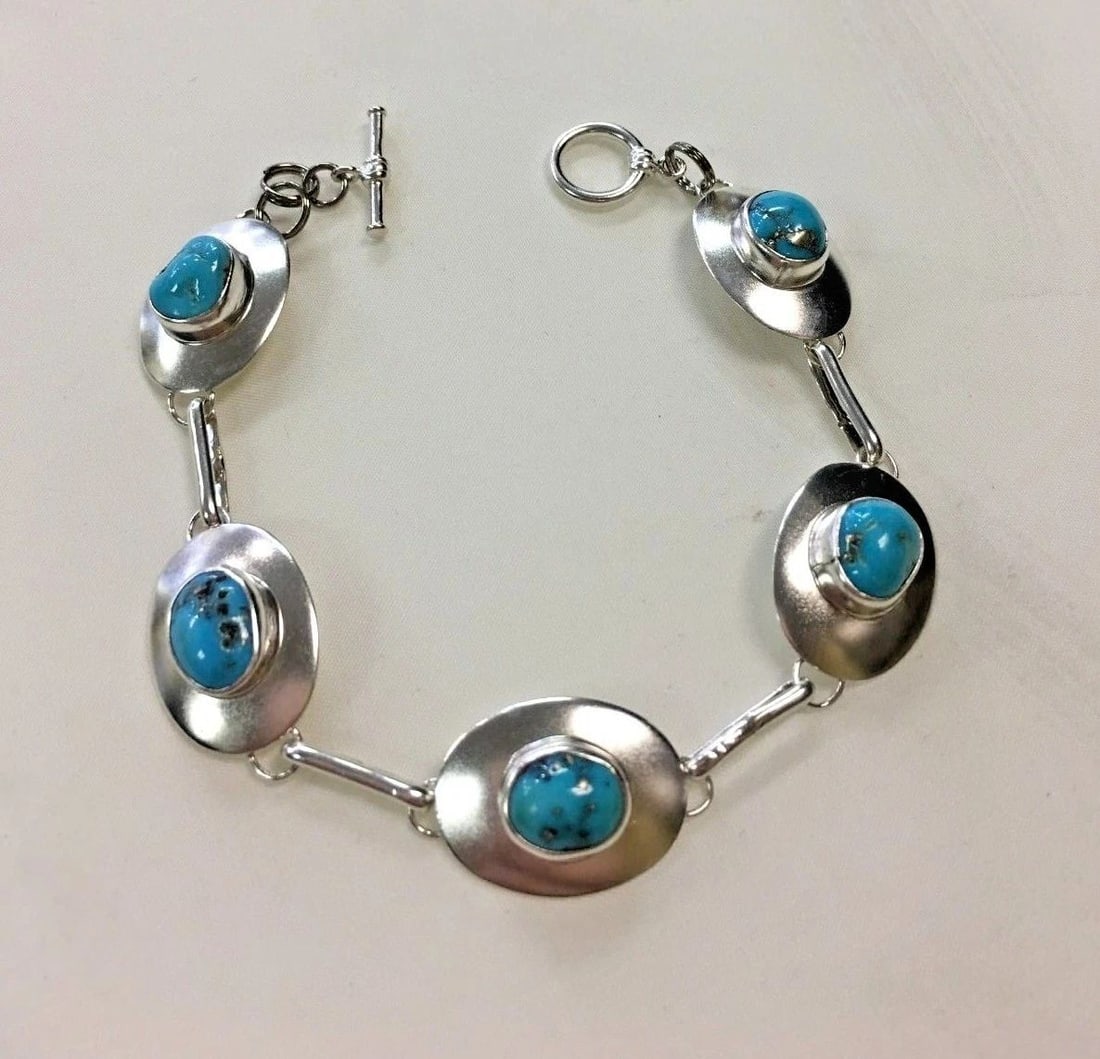 STERLING SILVER BRACELET WITH FIVE TURQUOISE STONES (1 of 2)