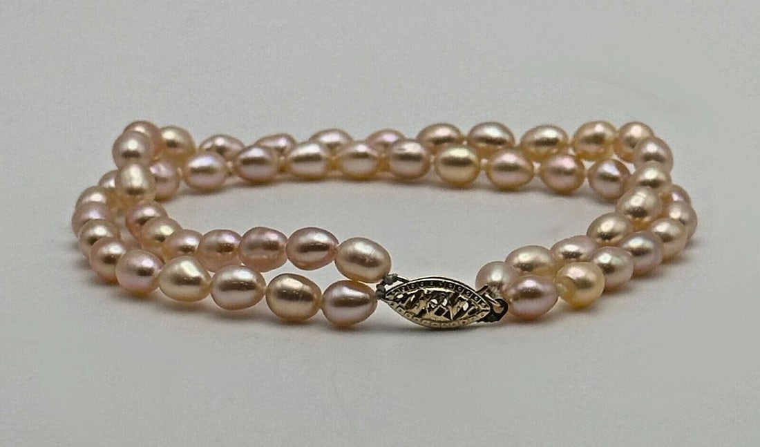 PINK FRESH WATER PEARL, TWO ROW BRACELET, 14K GOLD CLASP 7.25" (1 of 2)