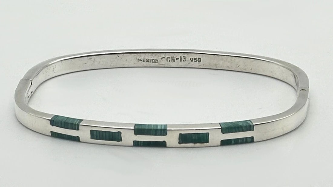 925 STERLING SILVER MEXICO BANGLE BRACELET WITH MALACHITE 7.5" 19.8 GRAM (1 of 2)