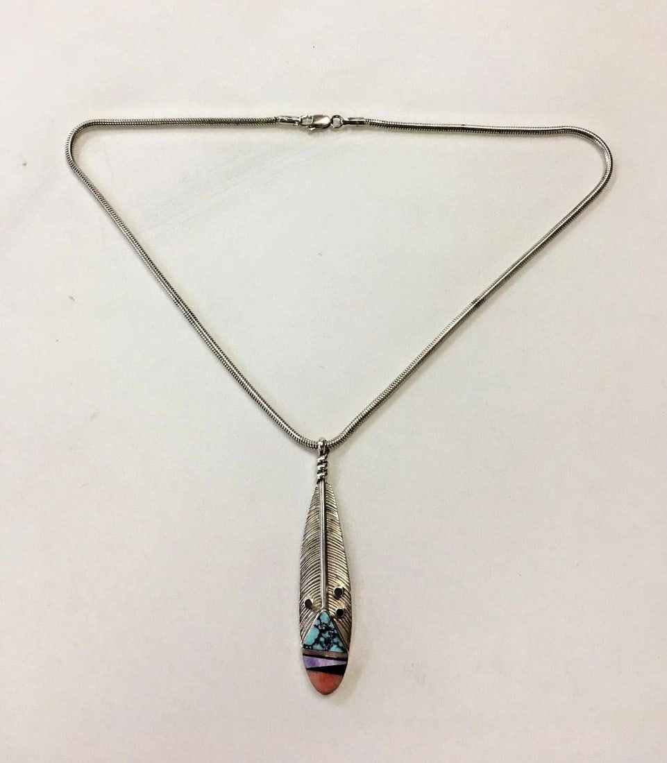 G. WEBSTER STERLING NECKLACE WITH TURQUOISE AND CORAL PENDANT (1 of 2)