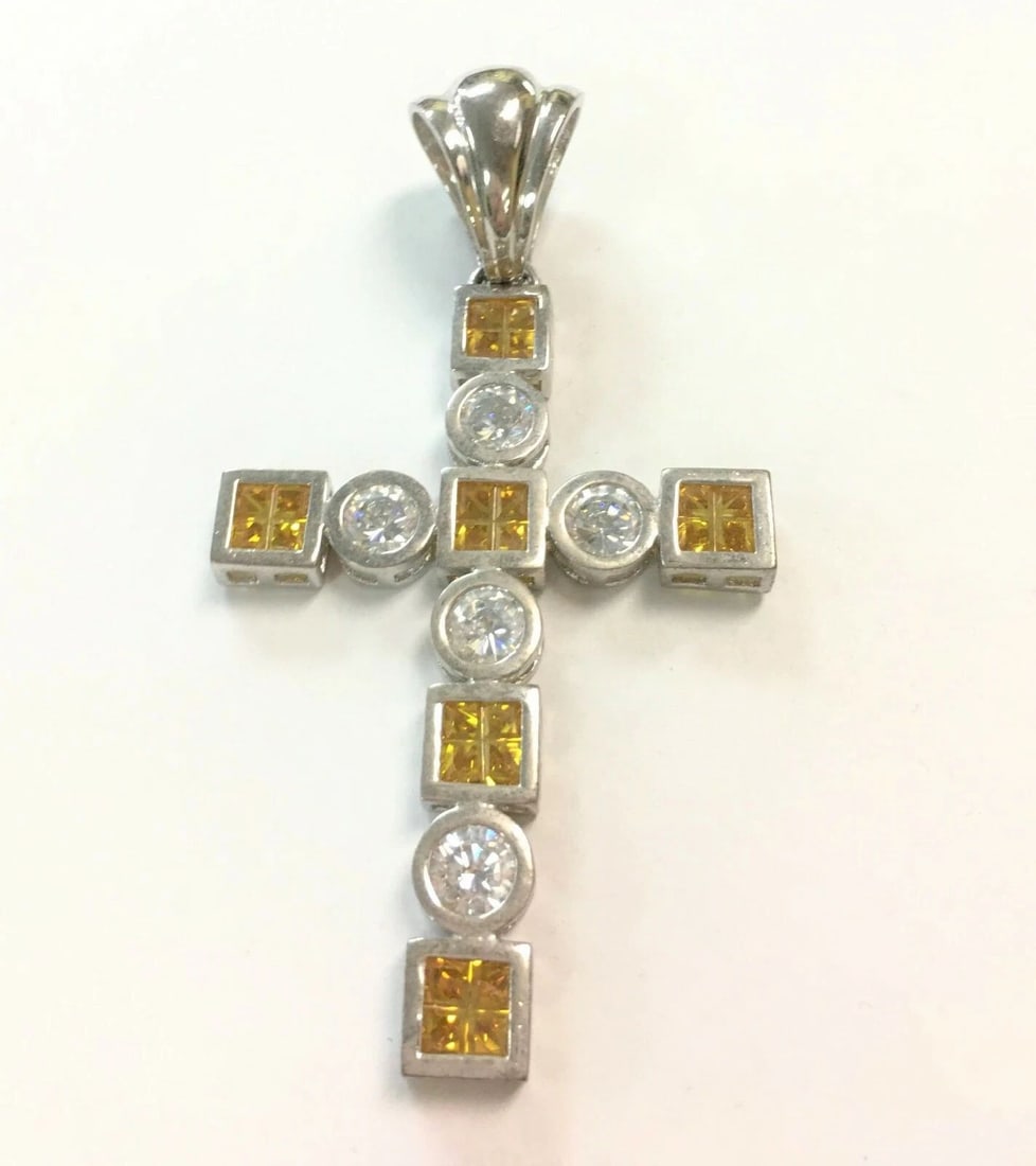 925 STERLING SILVER CROSS PENDANT WITH WHITE AND YELLOW C.Z. (1 of 2)
