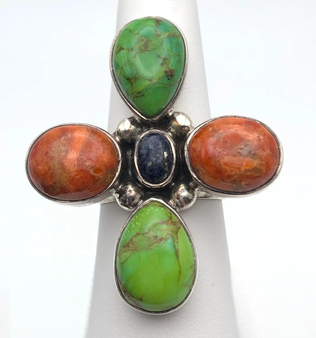 925 STERLING SILVER + SHAPED RING SET WITH LAPIS AND CORAL STONES SIZE: 6.75 (1 of 2)