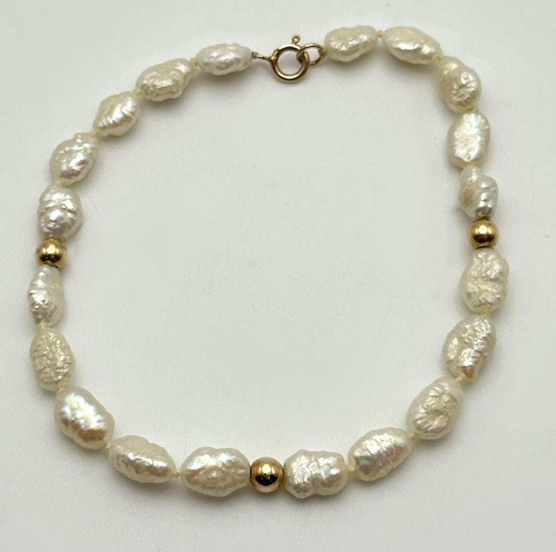 FRESHWATER PEARL BRACELET WITH 14K GOLD CLASP & BEADS 7 INCHES 4.3 GRAMS (1 of 2)