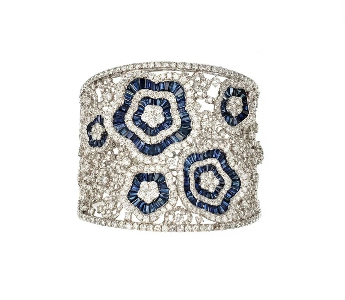 DIAMOND & GEMSTONES BANGLE 18K WHITE GOLD WIDE FLORAL FILIGREE (1 of 2)