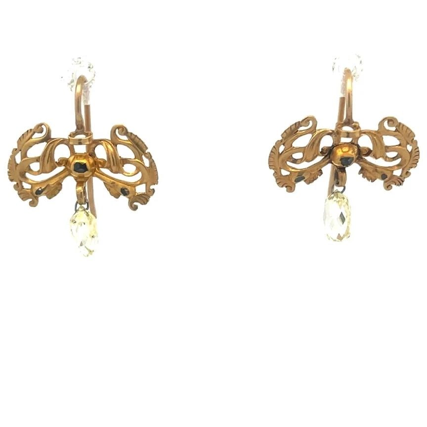 DIAMOND GOLD EARRINGS BRIOLETTE 1.80CT 18K YELLOW FLORAL FILIGREE ART NUOVO (1 of 2)