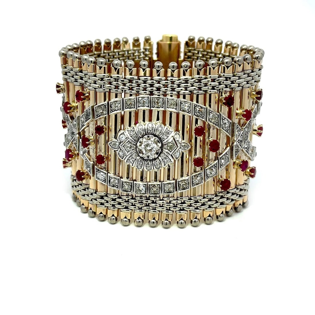 LARGE 9.5CT DIAMOND RUBIES 18K TWO TONE GOLD LINK WIDE BRACELET 2.2" WIDE 196GR (1 of 2)