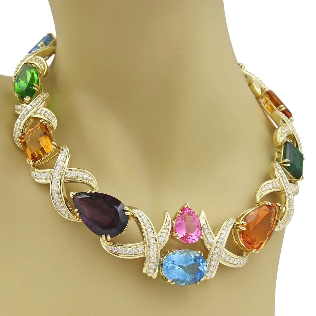 ELABORATE DIAMOND 18K NECKLACE MULTICOLOR GEMS YELLOW GOLD X LINK COLLAR (1 of 2)