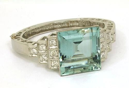 AQUAMARINE & DIAMONDS BRACELET PLATINUM COCKTAIL HINGED BANGLE (1 of 2)
