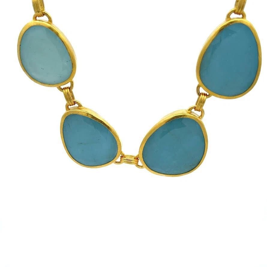 GURHAN 24K GOLD AQUAMARINE GRADUATED PEBBLE LINK COLLAR NECKLACE: GURHAN 24K GOLD AQUAMARINE GRADUATED PEBBLE LINK COLLAR NECKLACE GURHAN 24K GOLD AQUAMARINE GRADUATED PEBBLE LINK COLLAR NECKLACE This is an authentic collar necklace by Gurhan, it is crafted from 24k