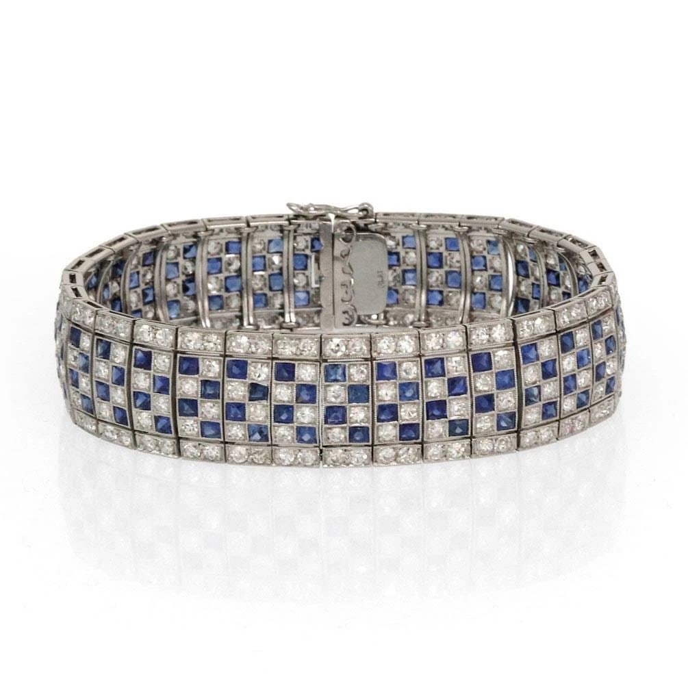ART DECO 15CT OLD MINE CUT DIAMOND FRENCH CUT SAPPHIRE PLATINUM BRACELET (1 of 2)