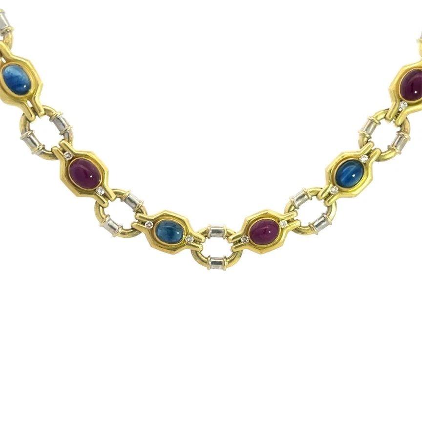 GOLD GEMSTONE NECKLACE DIAMOND 18K TWO TONE COLLAR STYLE 154.5G: GOLD GEMSTONE NECKLACE DIAMOND 18K TWO TONE COLLAR STYLE 154.5G Elevate your jewelry collection with this gorgeous necklace, it features a beautiful collar style design with a yellow and white color c