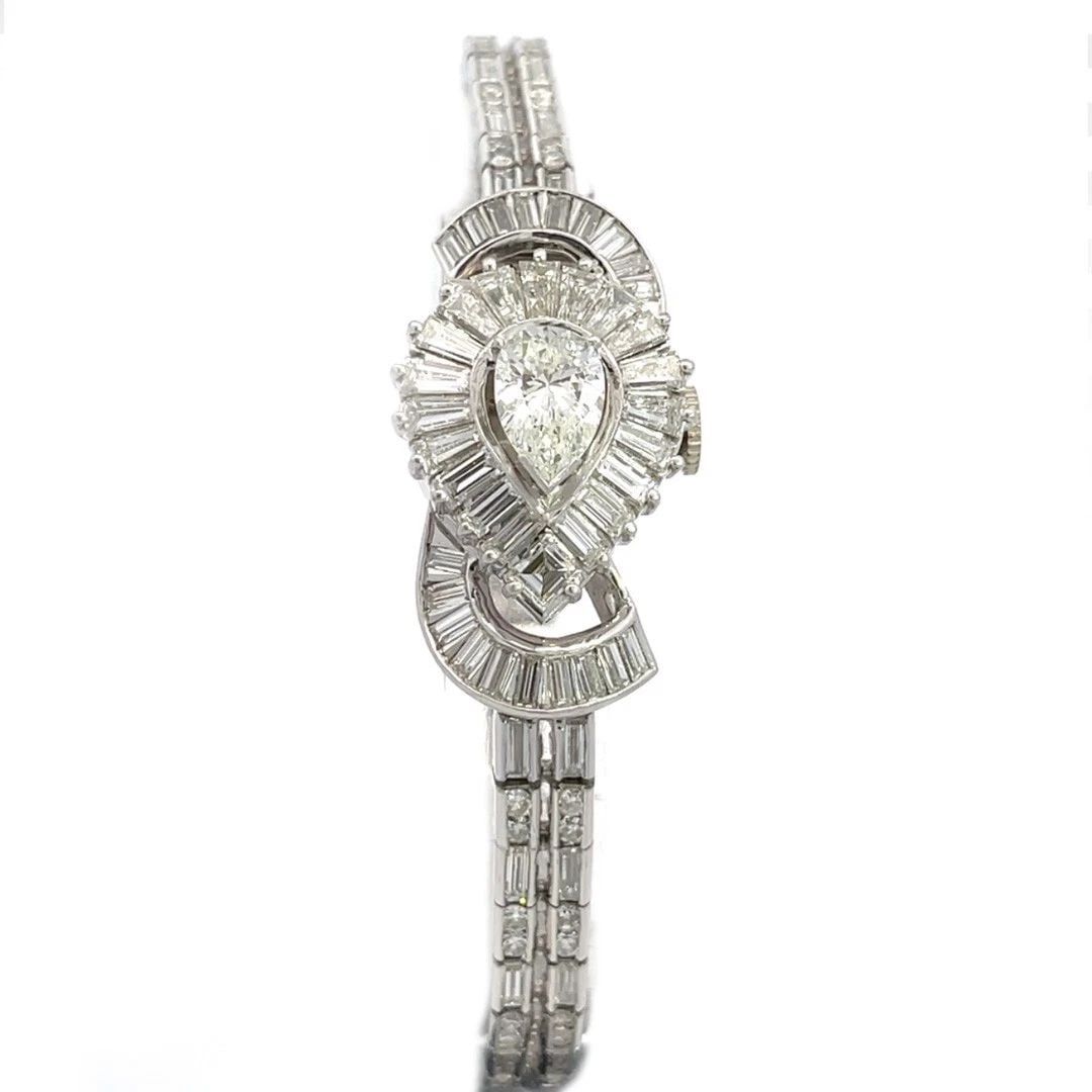 7.5CT PEAR BAGUETTE DIAMOND PLATINUM MANUAL WIND LADIES WATCH: 7.5CT PEAR BAGUETTE DIAMOND PLATINUM MANUAL WIND LADIES WATCH 7.5CT PEAR BAGUETTE DIAMOND PLATINUM MANUAL WIND LADIES WATCH Vintage 7.5ct Pear Baguette Diamond Platinum Manual Wind Ladies Watch This