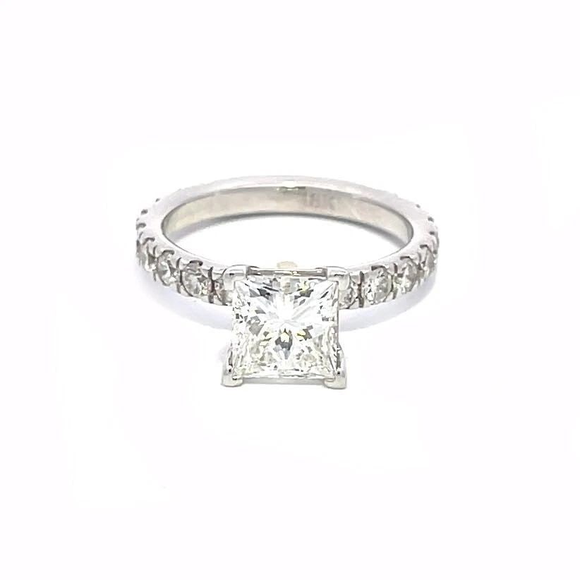 ENGAGEMENT RING PRINCESS CUT DIAMOND 18K WHITE GOLD SOLITAIRE W/ACCENT GIA H-SI1 (1 of 2)