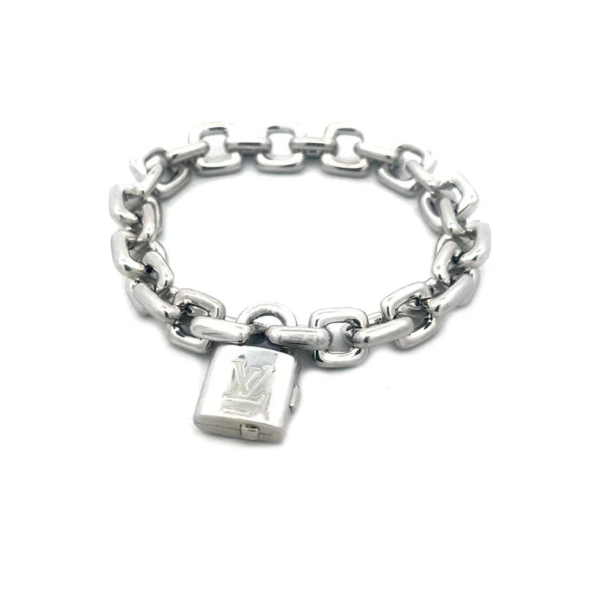 LOUIS VUITTON GOLD BRACELET 18K WHITE PADLOCK CHARM SQUARE LINK CHAIN (1 of 2)