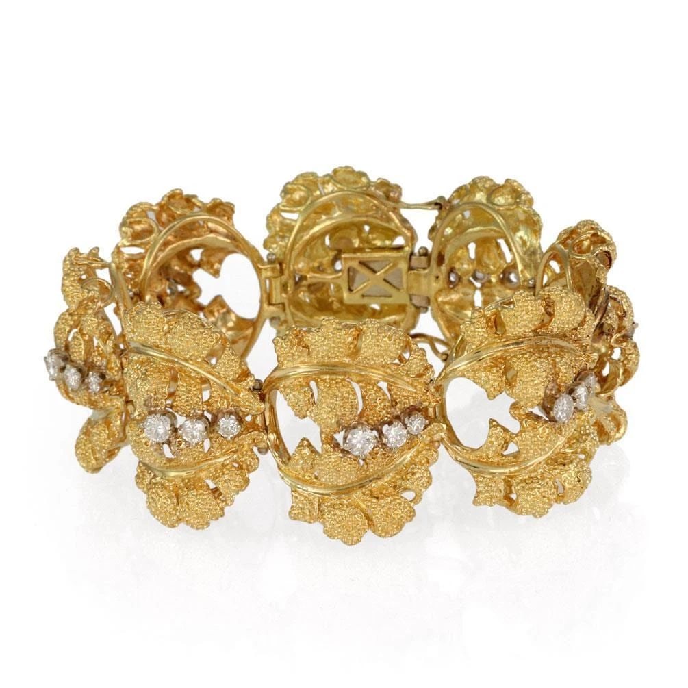 TEXTURED LEAF LINK BRACELET GORGEOUS 3.60CT DIAMOND 18K YELLOW GOLD 102 GRAMS (1 of 2)