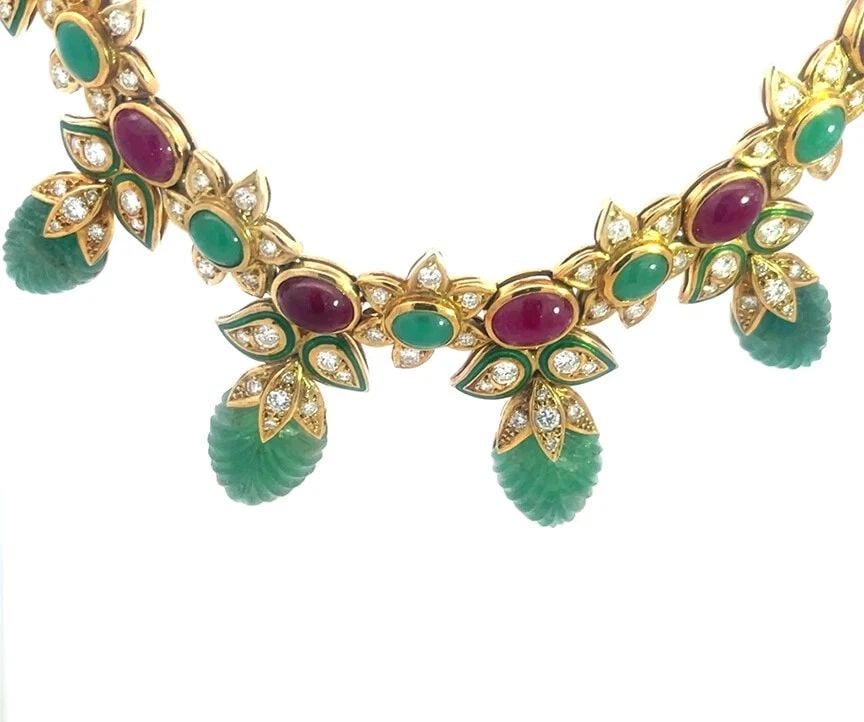 RUBY EMERALD GOLD NECKLACE DIAMOND 17K YELLOW COLLAR LEAF 2 ROW OVAL LINK (1 of 2)
