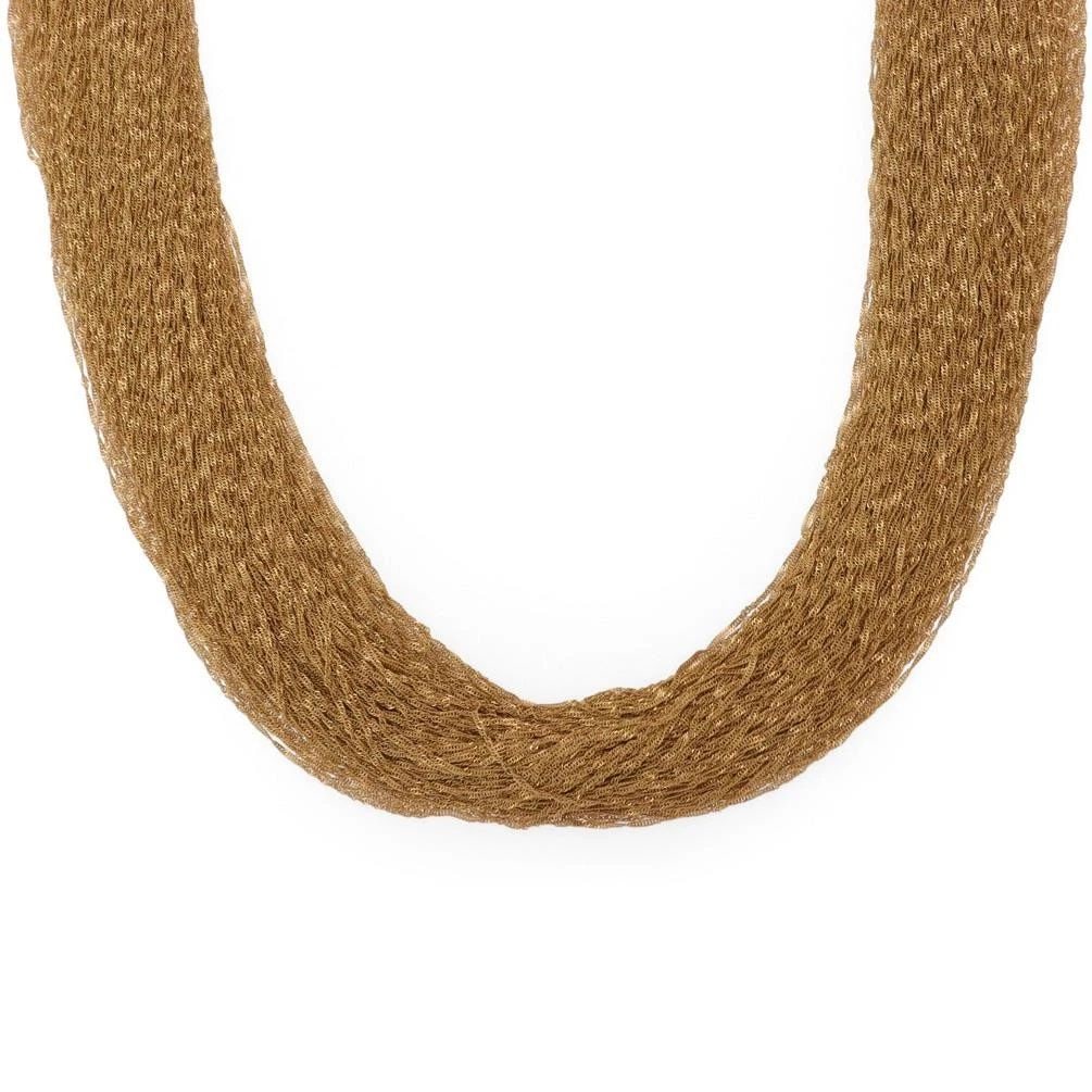 NECKLACE GOLD 18K TWO TONE GOLD MULTI-STRAND CHAIN NECKLACE ESTATE: NECKLACE GOLD 18K TWO TONE GOLD MULTI-STRAND CHAIN NECKLACE ESTATE This two-tone gold multi-strand chain necklace is crafted from luxurious 18k gold, measuring 23 inches in length with 150 strands. Th