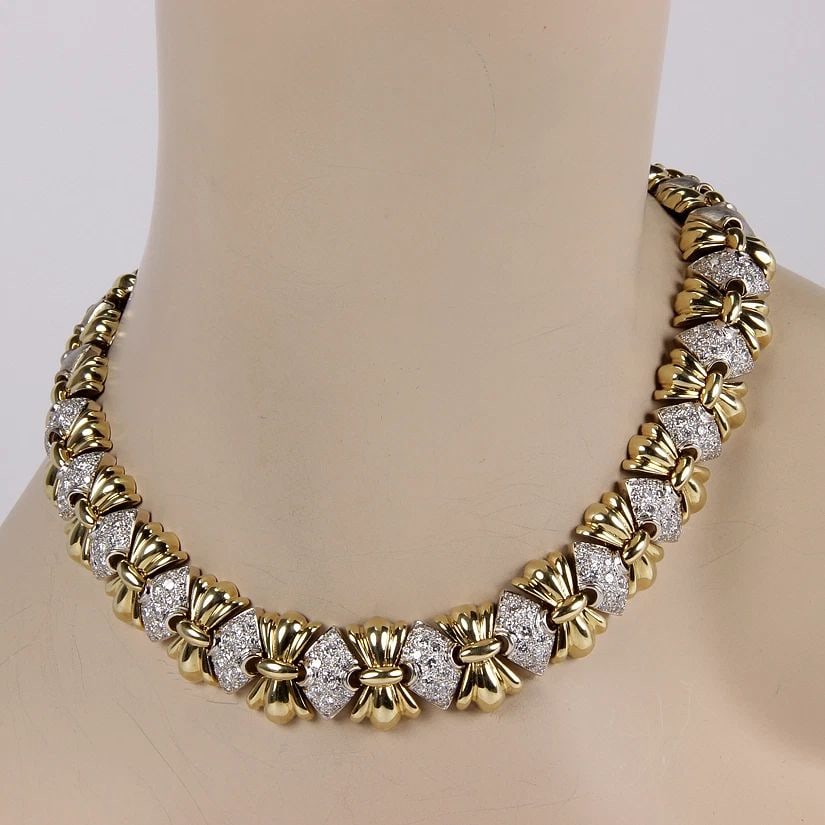 DIAMOND GOLD COLLAR NECKLACE 14K TWO TONE BOW LINK PAVE SET 136GR (1 of 2)