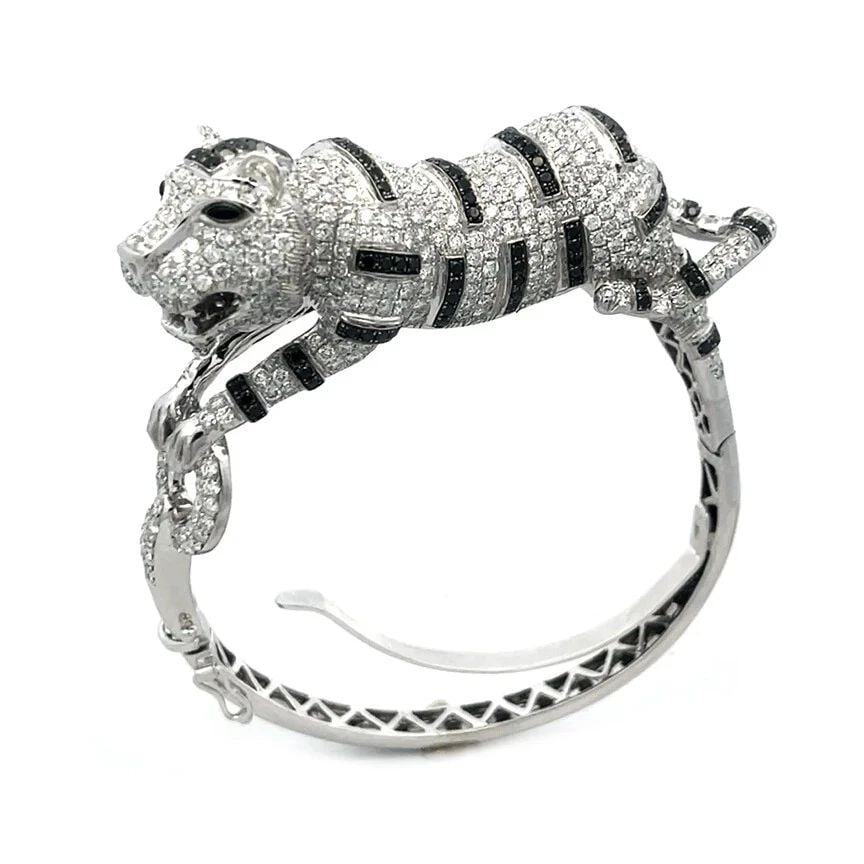 DIAMOND GOLD BANGLE 12CT BLACK & WHITE 3D TIGER (1 of 2)