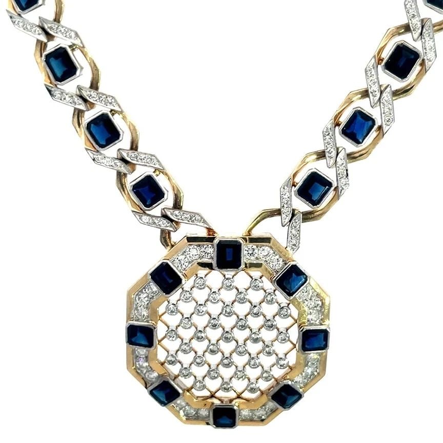 SAPPHIRE DIAMOND GOLD NECKLACE 14K TWO TONE 19CT OCTAGON PENDANT: SAPPHIRE DIAMOND GOLD NECKLACE 14K TWO TONE 19CT OCTAGON PENDANT SAPPHIRE DIAMOND GOLD NECKLACE 14K TWO TONE 19CT OCTAGON PENDANT This is a gorgeous necklace; it is crafted from 14k yellow and white g
