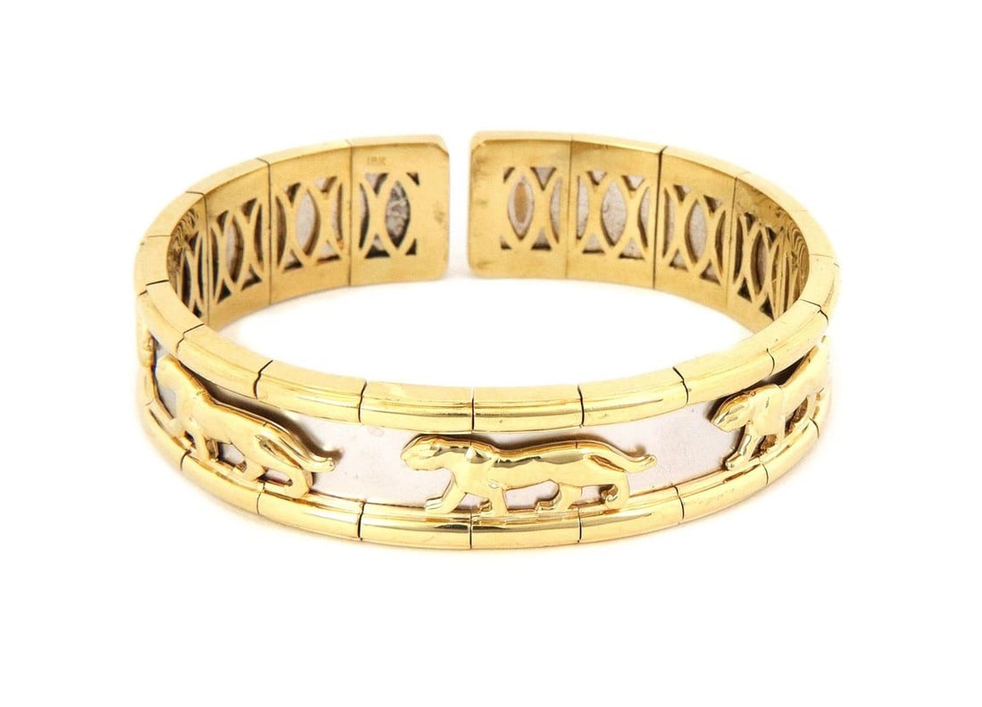 PANTHER BRACELET ESTATE 18K TWO TONE GOLD 16MM WIDE FLEX CUFF (1 of 2)