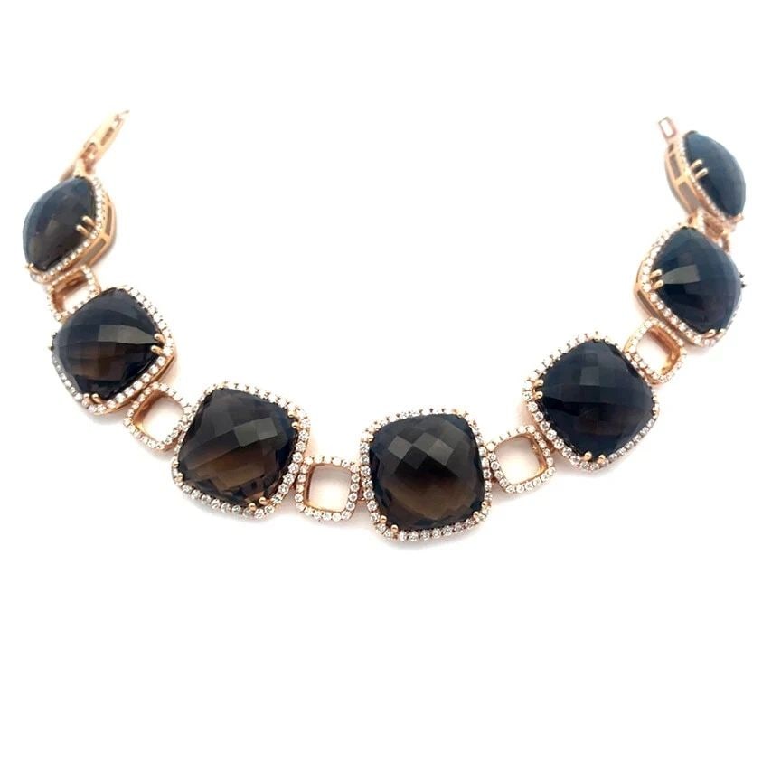 DIAMOND GOLD COLLAR NECKLACE SMOKY QUARTZ 18K ROSE GOLD COLLAR NECKLACE: DIAMOND GOLD COLLAR NECKLACE SMOKY QUARTZ 18K ROSE GOLD COLLAR NECKLACE DIAMOND GOLD COLLAR NECKLACE SMOKY QUARTZ 18K ROSE GOLD COLLAR NECKLACE Elevate your style with this eye-catching diamond and go