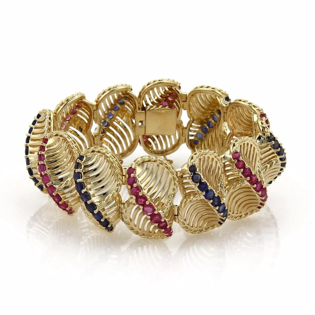 YELLOW GOLD & GEMS BRACELET 18K YELLOW WIDE LATTICE SWIRL LINKS DESIGN: YELLOW GOLD & GEMS BRACELET 18K YELLOW WIDE LATTICE SWIRL LINKS DESIGN This is an eye-catching large Estate bracelet, it is from 14k yellow gold with a high polished finish, the links are about 1.25