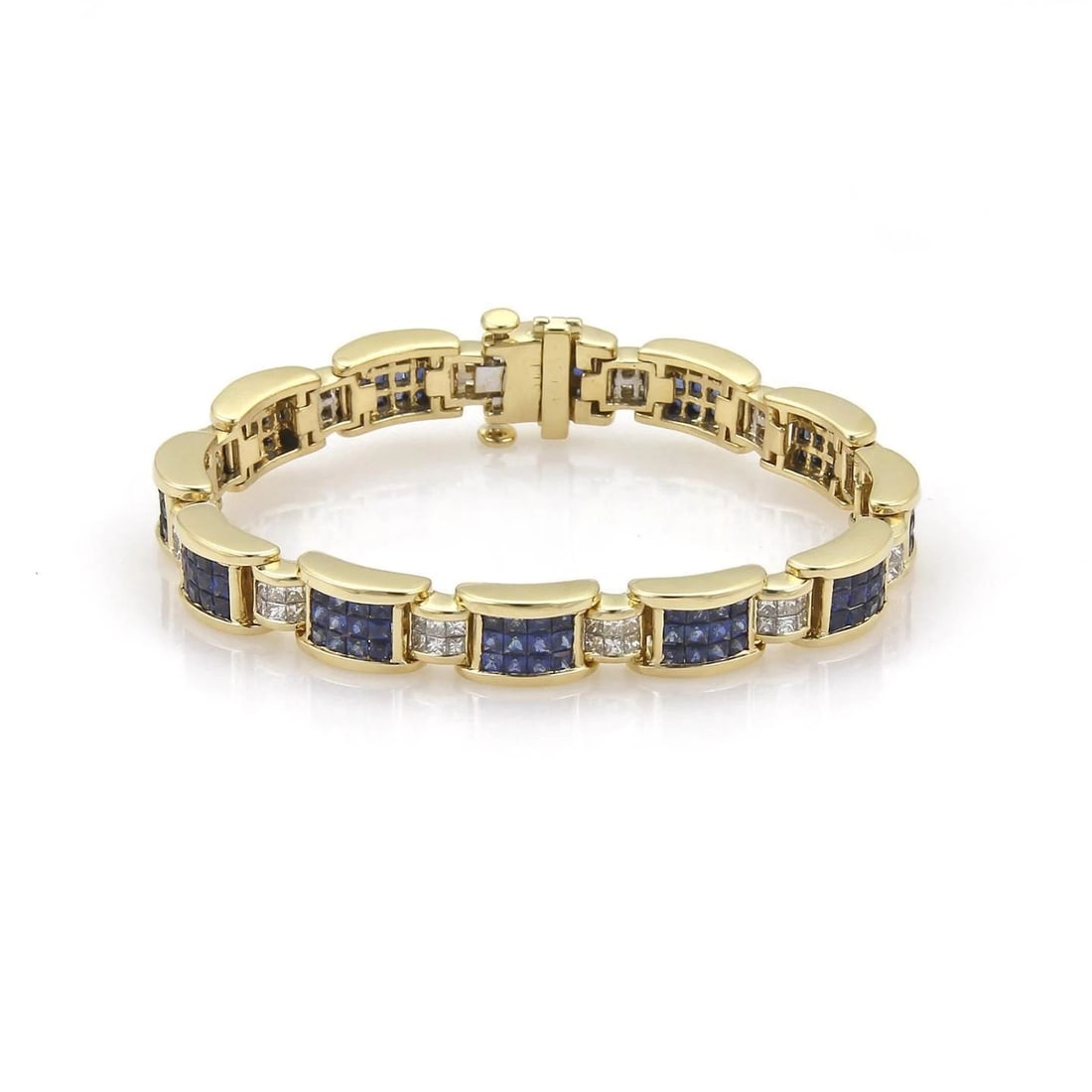 DIAMOND & SAPPHIRE BRACELET IN 18K YELLOW GOLD PRINCESS CUT INVISIBLY SET: DIAMOND & SAPPHIRE BRACELET IN 18K YELLOW GOLD PRINCESS CUT INVISIBLY SET DIAMOND & SAPPHIRE BRACELET IN 18K YELLOW GOLD PRINCESS CUT INVISIBLY SET 18k Yellow Gold Princess Cut Diamond & Sapphire