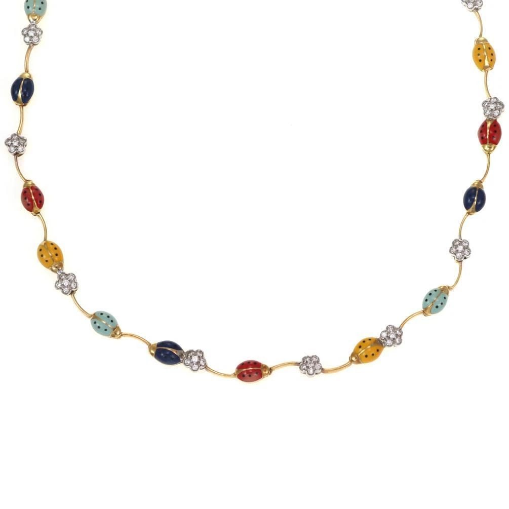 AARON BASHA DIAMOND MULTICOLOR ENAMEL LADY BUG FLORAL 18K GOLD NECKLACE: AARON BASHA DIAMOND MULTICOLOR ENAMEL LADY BUG FLORAL 18K GOLD NECKLACE AARON BASHA DIAMOND MULTICOLOR ENAMEL LADY BUG FLORAL 18K GOLD NECKLACE Aaron Basha Diamond Multicolor Enamel Lady Bug Floral