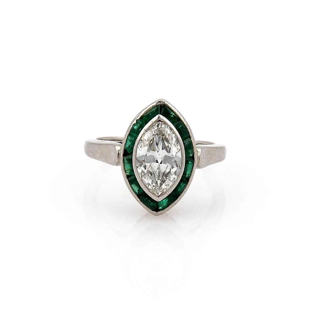 VINTAGE ART DECO 1.95CT DIAMOND & EMERALD PLATINUM MARQUISE RING SIZE 5: VINTAGE ART DECO 1.95CT DIAMOND & EMERALD PLATINUM MARQUISE RING SIZE 5 VINTAGE ART DECO 1.95CT DIAMOND & EMERALD PLATINUM MARQUISE RING SIZE 5 Vintage Art Deco 1.95ct Diamond & Emerald Platinum