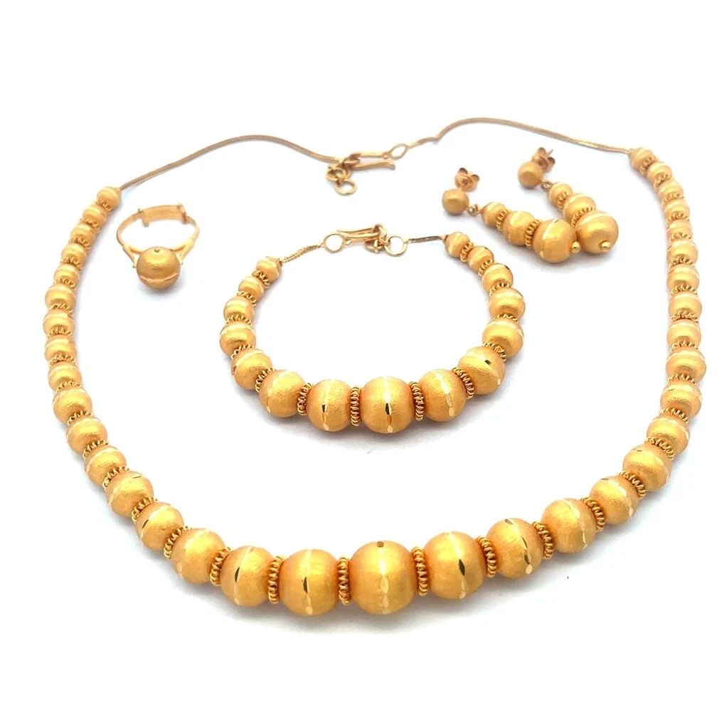 GOLD JEWELRY SET 22K NECKLACE EARRINGS BRACELET & RING BEAD STYLE: GOLD JEWELRY SET 22K NECKLACE EARRINGS BRACELET & RING BEAD STYLE GOLD JEWELRY SET 22K NECKLACE EARRINGS BRACELET & RING BEAD STYLE This gorgeous set of jewelry is crafted from 22k yellow gold