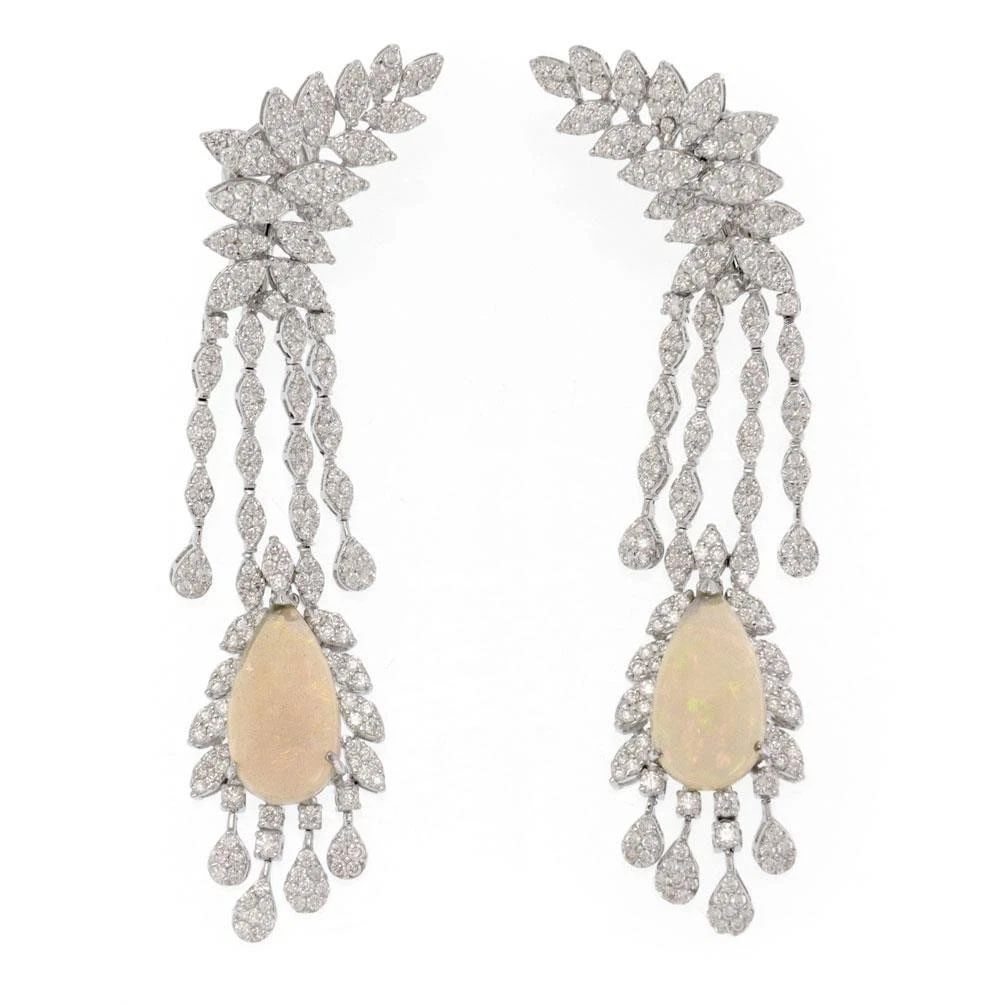 ESTATE DIAMOND OPAL 18K WHITE GOLD LONG FANCY LONG DRESSYEARRINGS (1 of 2)