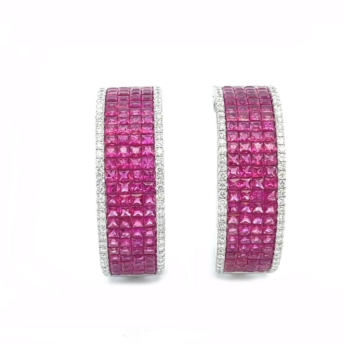 DIAMOND RUBY GOLD HOOP EARRINGS 10.50CT WIDE BAND 18K WHITE (1 of 2)