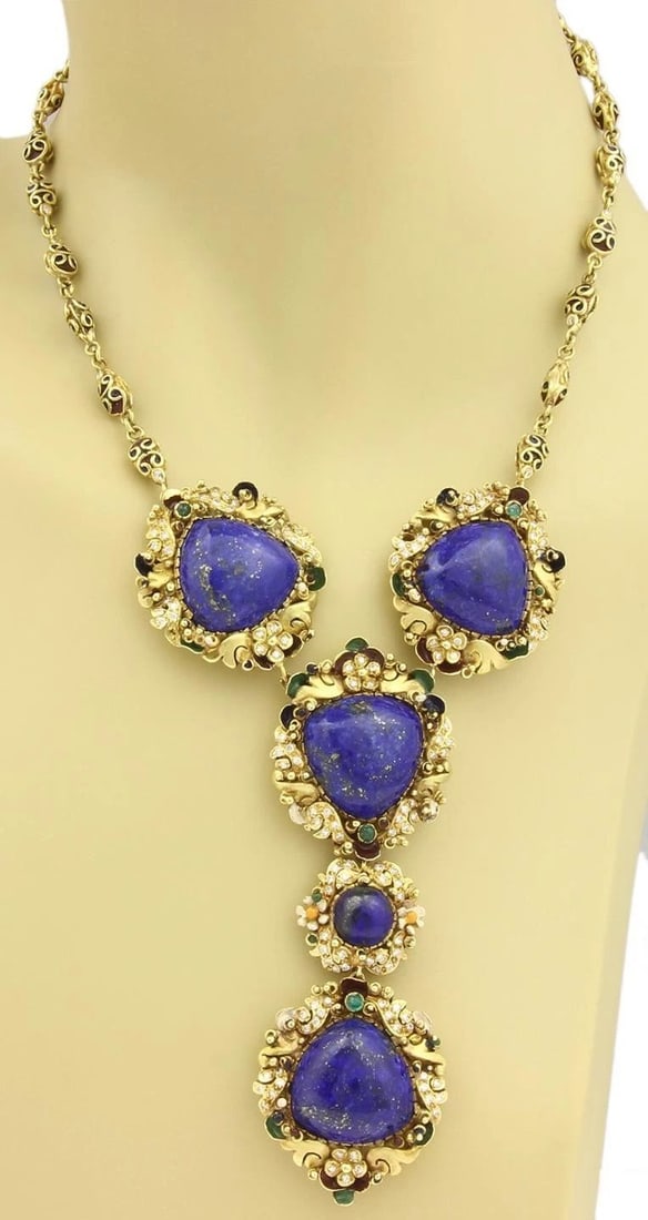 LAPIS DIAMOND GOLD NECKLACE ENAMEL 18K YELLOW FANCY FLORAL DANGLE PENDANT (1 of 2)