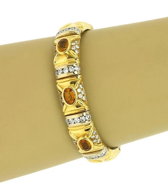 DIAMOND & CITRINE GOLD BRACELET 18K TWO TONE BAR LINK STYLE: DIAMOND & CITRINE GOLD BRACELET 18K TWO TONE BAR LINK STYLE DIAMOND & CITRINE GOLD BRACELET 18K TWO TONE BAR LINK STYLE This is a stunning estate bracelet, with diamonds and citrine. The piece is well