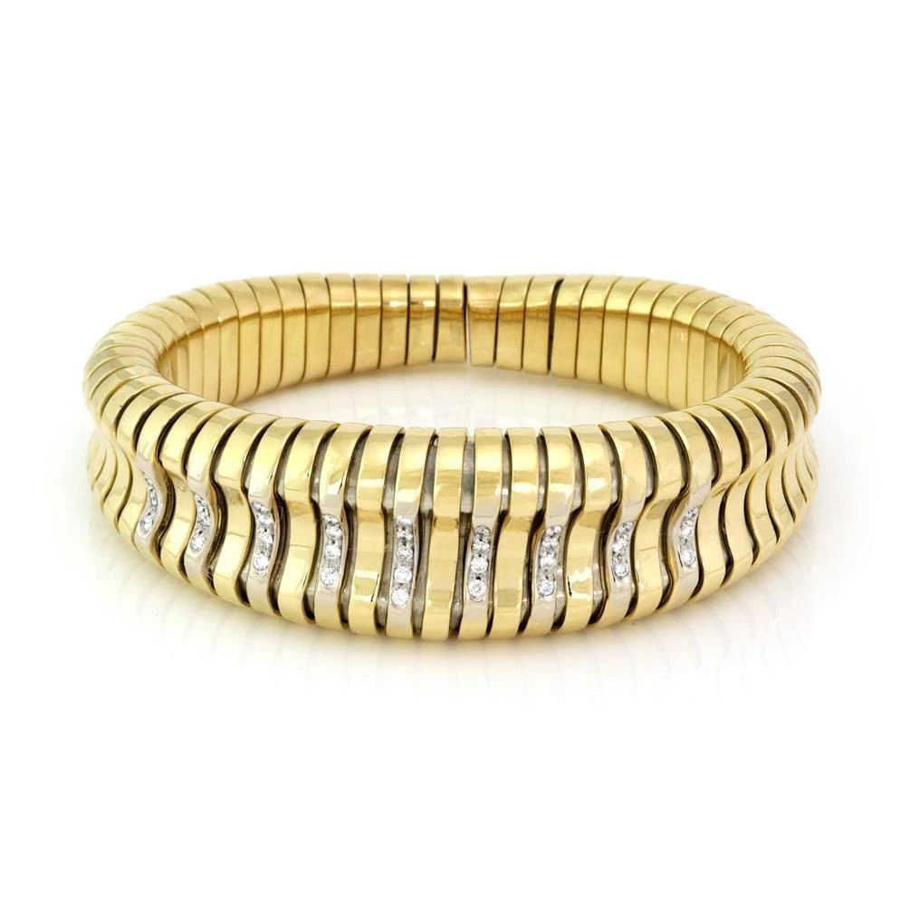 ESTATE DIAMOND 18K YELLOW GOLD LARGE TUBOGAS FLEX CUFF BRACELET: ESTATE DIAMOND 18K YELLOW GOLD LARGE TUBOGAS FLEX CUFF BRACELET ESTATE DIAMOND 18K YELLOW GOLD LARGE TUBOGAS FLEX CUFF BRACELET Estate Diamond 18k Yellow Gold Large Tubogas Flex Cuff Bracelet Descript