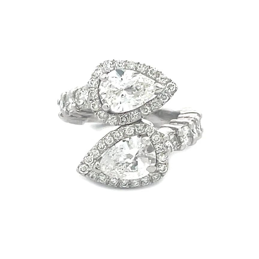 DIAMOND GOLD BYPASS RING 3 CARAT PEAR SHAPE 17K WHITE HALO STYLE (1 of 2)