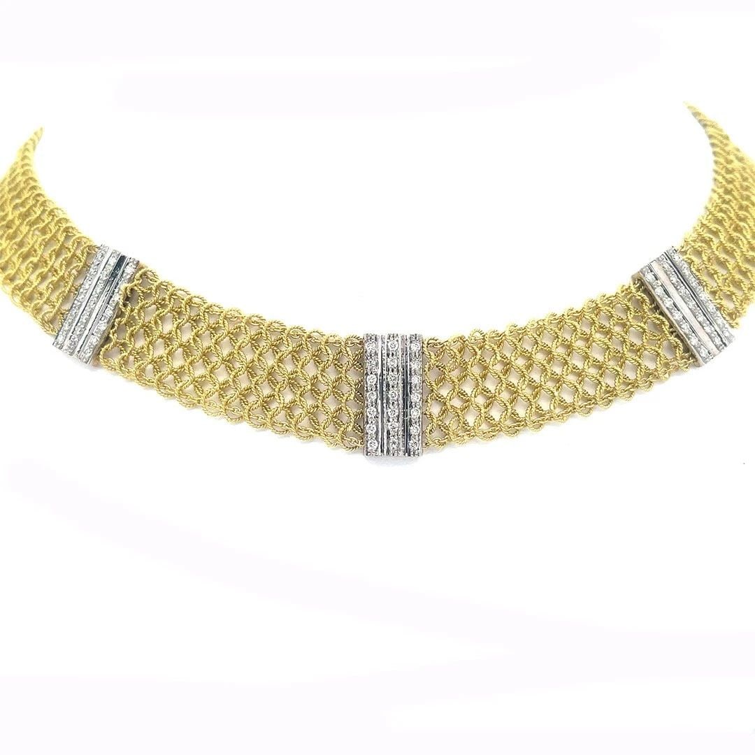 DIAMOND 18K GOLD COLLAR NECKLACE CHAIN LINK BAR MOTIFS MESH FLEXIBLE (1 of 2)