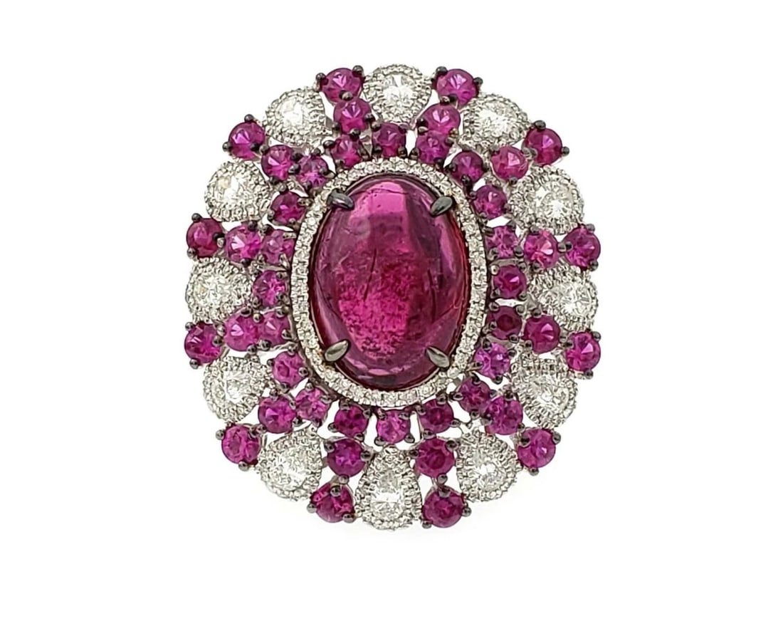 ESTATE 17.52CT DIAMOND RUBY 18K WHITE GOLD LARGE FLORAL DOME RING SIZE - 7: ESTATE 17.52CT DIAMOND RUBY 18K WHITE GOLD LARGE FLORAL DOME RING SIZE - 7 ESTATE 17.52CT DIAMOND RUBY 18K WHITE GOLD LARGE FLORAL DOME RING SIZE - 7 Estate 17.52ct Diamond Ruby 18k White Gold Large F