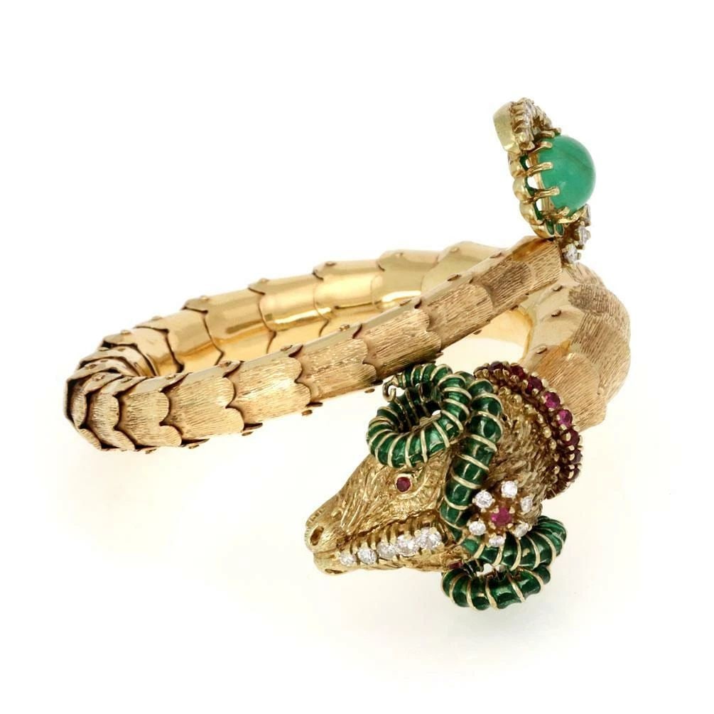 DIAMOND EMERALD RAM BRACELET RUBY ENAMEL 14K GOLD RAM HEAD WRAP FLEX BRACELET (1 of 2)