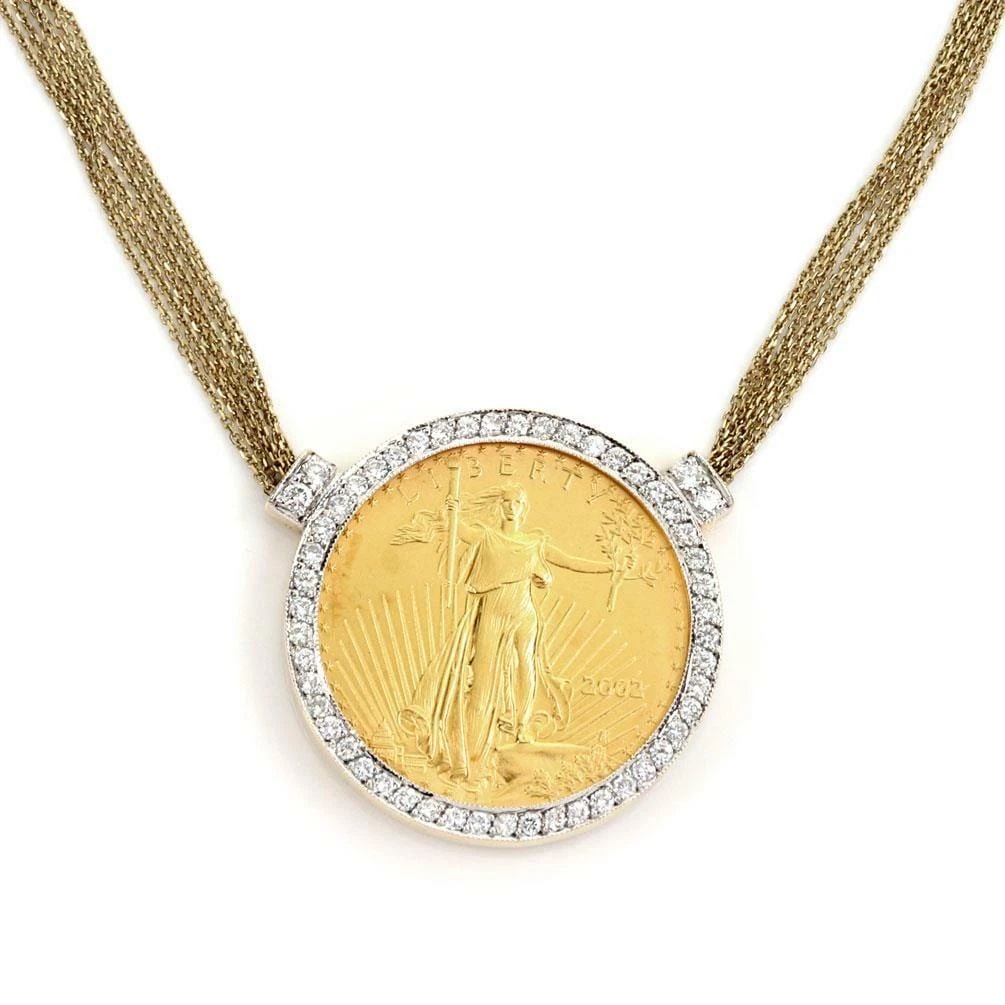 22K 1OZ LIBERTY COIN DIAMOND 14K YELLOW GOLD PENDANT MULTI-CHAIN NECKLACE (1 of 2)