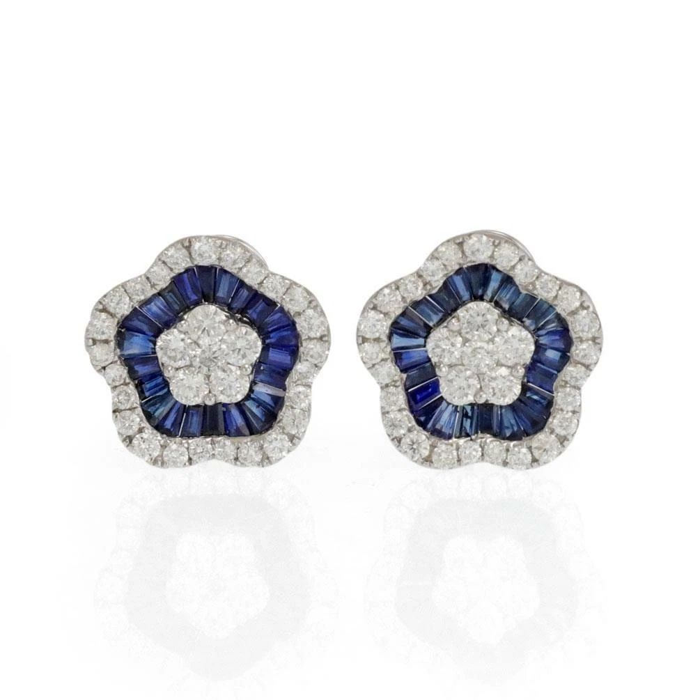 STUNNING 7.30CT DIAMOND SAPPHIRE 18K WHITE GOLD FLOWER HUGGIE EARRINGS (1 of 2)