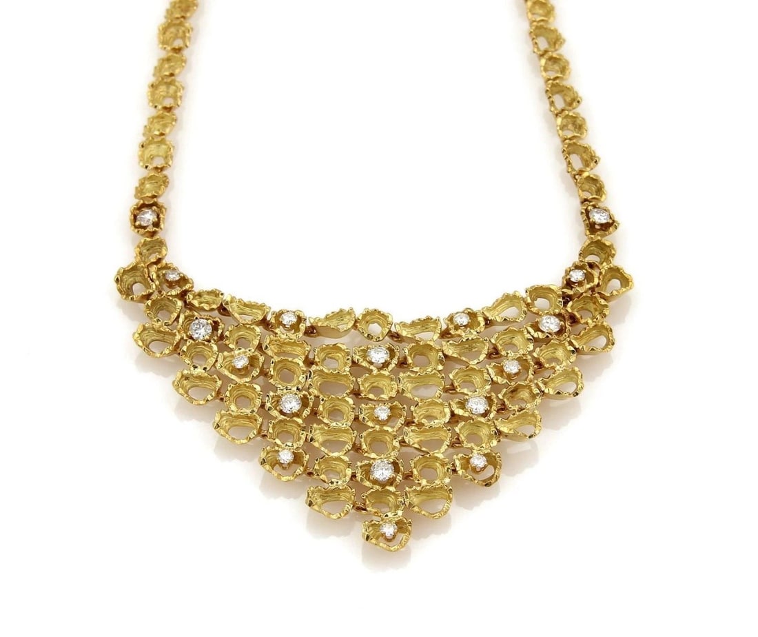 DIAMOND GOLD BIB NECKLACE 2.85CT 18K YELLOW TEXTURED FANCY STYLE (1 of 2)