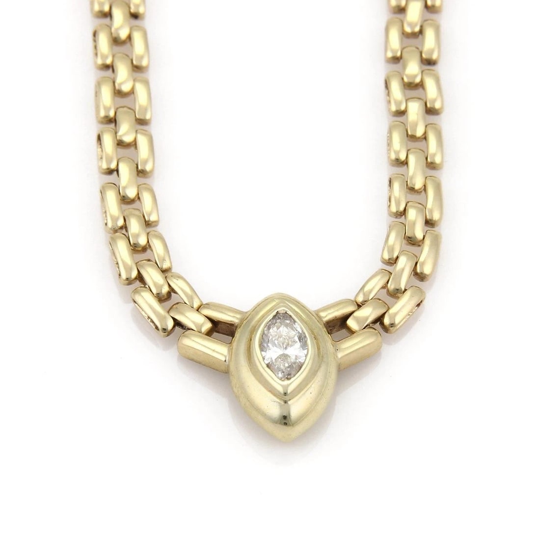 DIAMOND PENDANT SOLITAIRE NECKLACE 14K YELLOW GOLD MARQUISE CUT PANTHER LINK: DIAMOND PENDANT SOLITAIRE NECKLACE 14K YELLOW GOLD MARQUISE CUT PANTHER LINK This Diamond Pendant Solitaire Necklace features a stunning Marquise Cut Panther link in 14k Yellow Gold. The necklace is a
