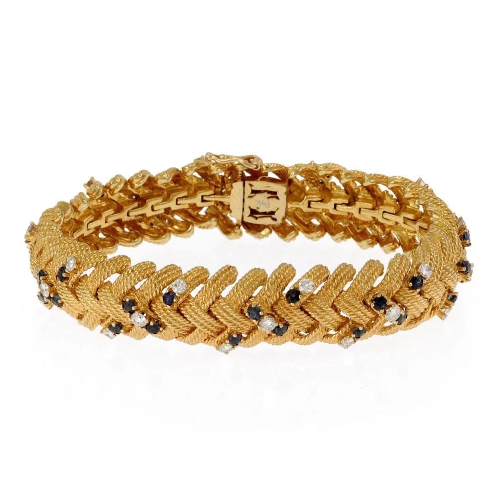 ESTATE BRACELET DIAMOND SAPPHIRE 14K YELLOW GOLD BASKET WEAVE 3.35CT: ESTATE BRACELET DIAMOND SAPPHIRE 14K YELLOW GOLD BASKET WEAVE 3.35CT ESTATE BRACELET DIAMOND SAPPHIRE 14K YELLOW GOLD BASKET WEAVE 3.35CT Estate 3.35ct Diamond Sapphire 14k Yellow Gold Basket Weave Br