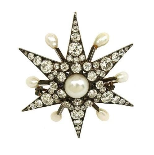 DIAMONDS & PEARLS STAR BROOCH PENDANT ANTIQUE IN 14K GOLD (1 of 2)