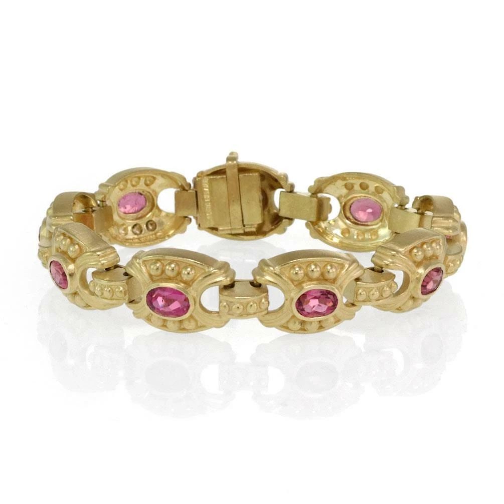 JUDITH RIPKA TOURMALINE BRACELET 18K YELLOW GOLD FANCY LINK: JUDITH RIPKA TOURMALINE BRACELET 18K YELLOW GOLD FANCY LINK JUDITH RIPKA TOURMALINE BRACELET 18K YELLOW GOLD FANCY LINK Judith Ripka 9.00ct Pink Tourmaline 18k Yellow Gold Fancy Link Bracelet Descript