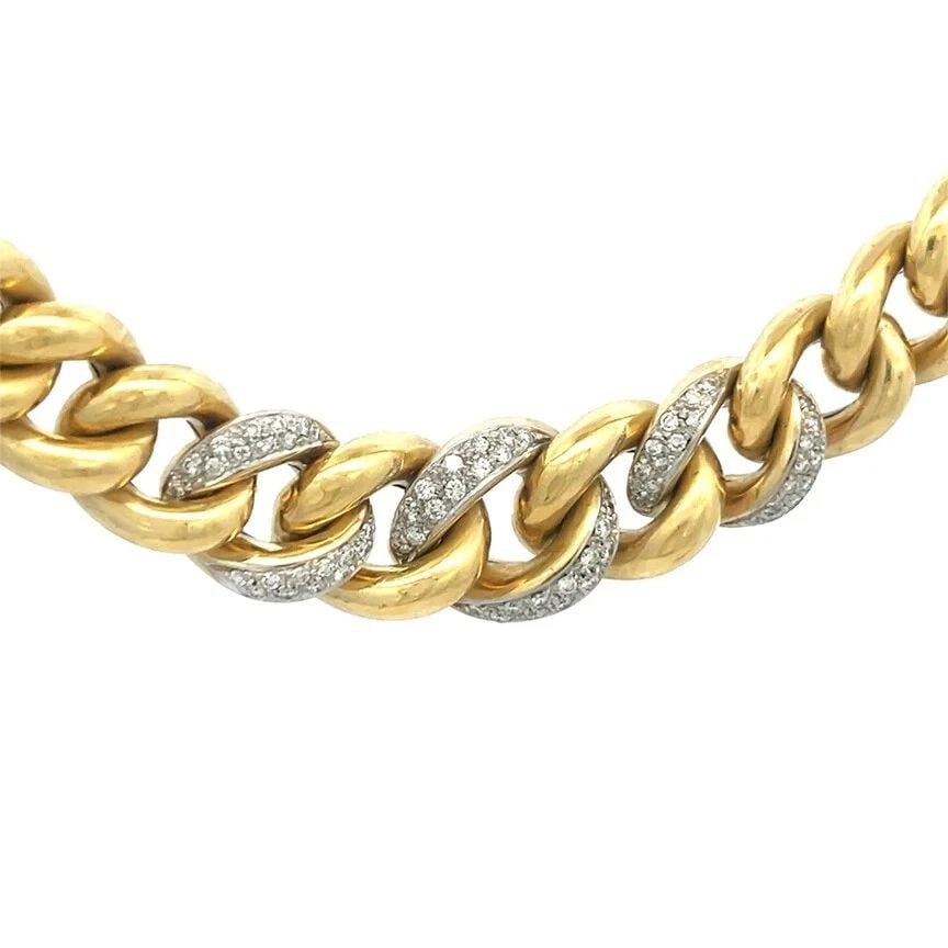 DIAMOND GOLD NECKLACE PAVE SET 18K YELLOW GRADUATED PUFFED CURB LINK STYLE (1 of 2)